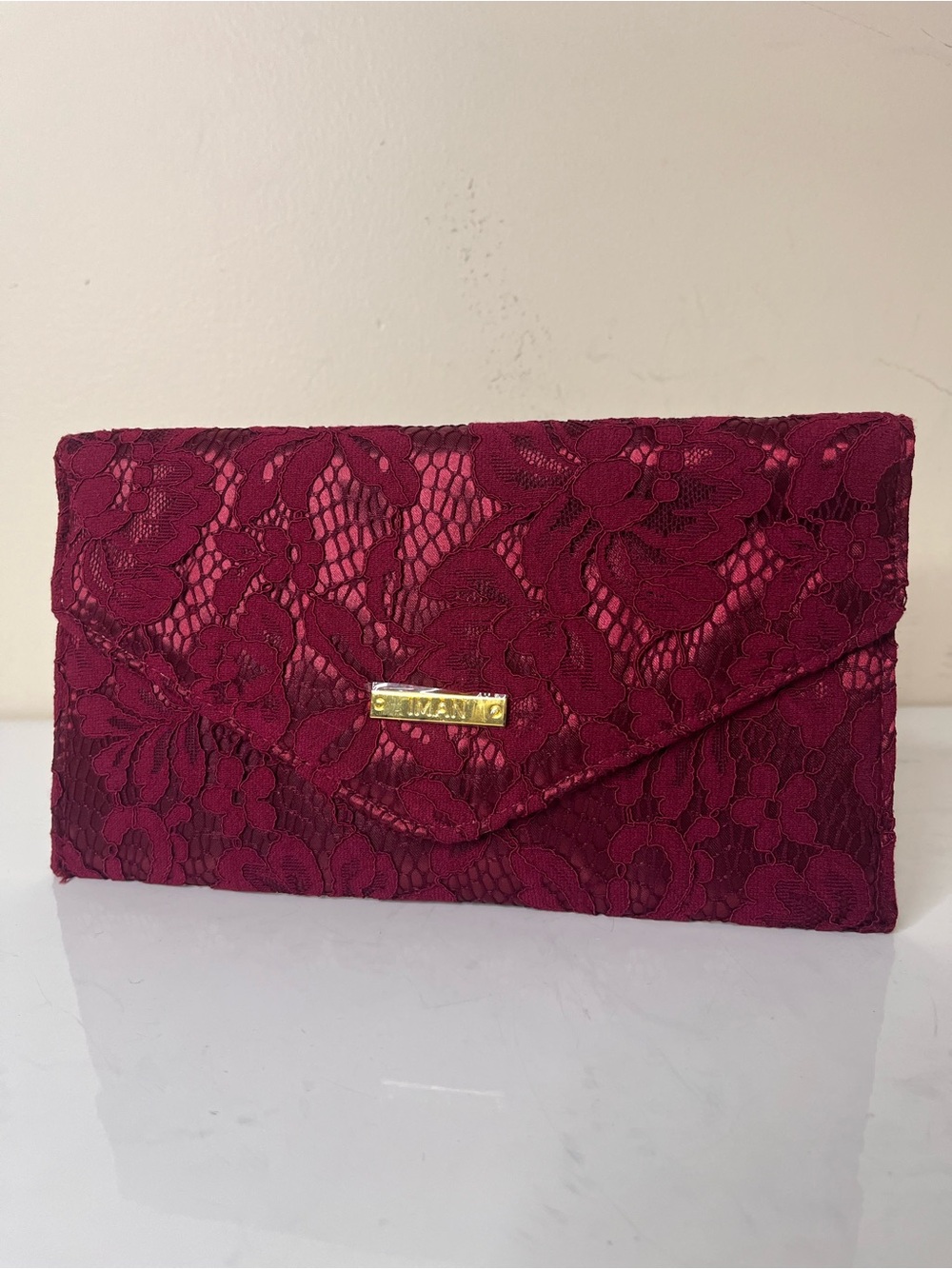 IMAN Burgundy Lace Envelope Clutch NWOT
